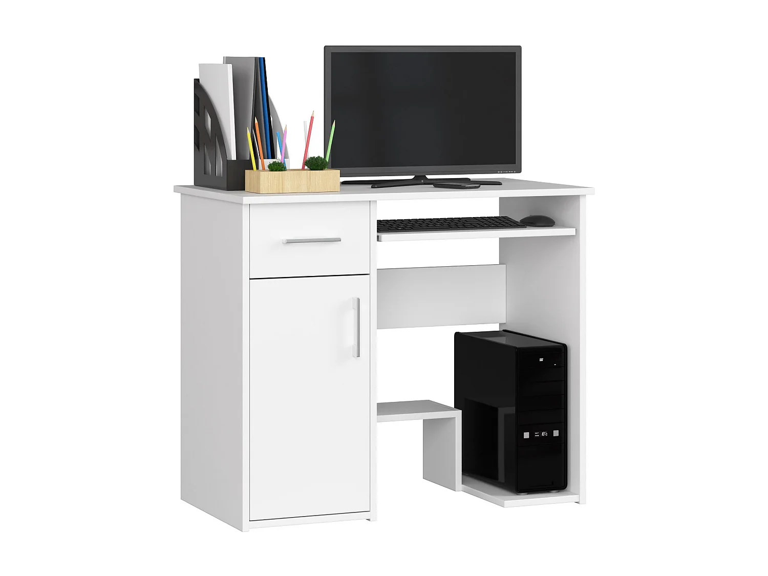 Biurko komputerowe AKORD JAY Białe 90 cm 1 drzwi 1 szuflada kolor Biały mat 3 półki 90x50x74 cm 1870611 - obrazek 1