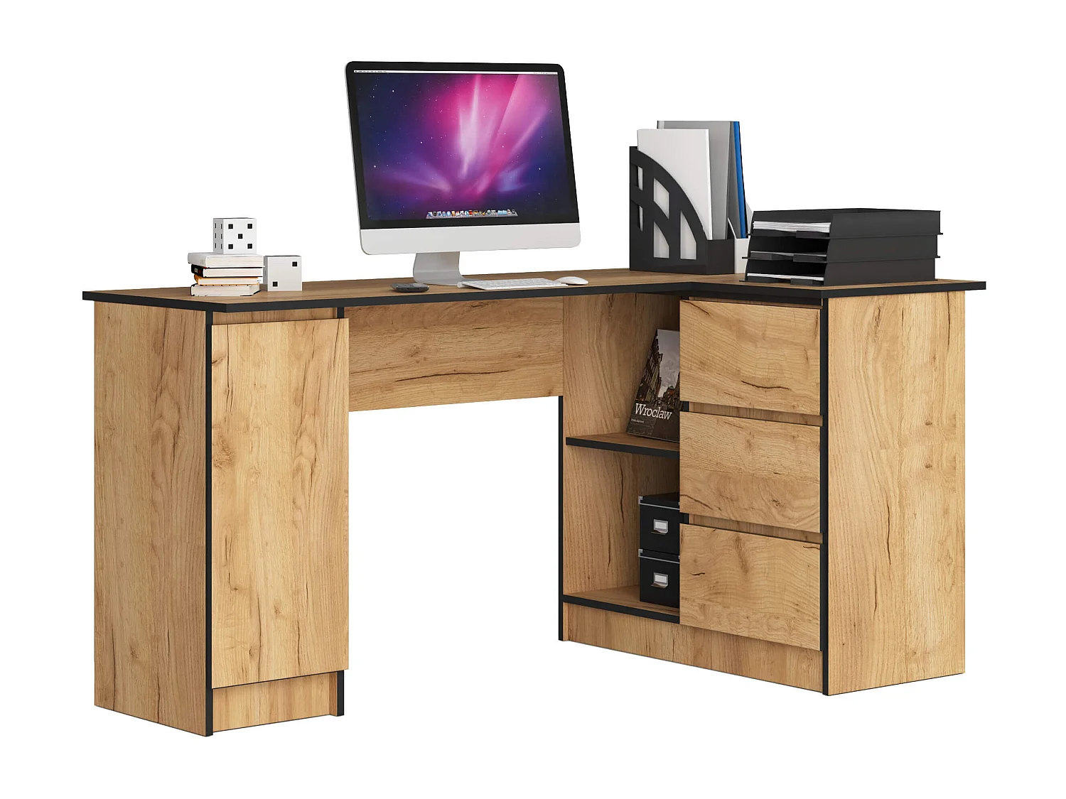 Biurko narożne AKORD B20 Dąb Craft 155 cm prawe 1 drzwi 3 szuflady kolor Dąb Craft mat 4 półki 155x85x77 cm 1870717 - obrazek 1