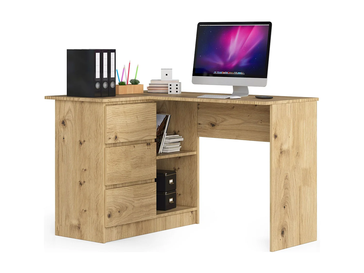 Biurko narożne AKORD B16 Dąb Artisan 124 cm lewe 3 szuflady kolor Dąb Artisan mat 2 półki 124x85x77 cm 1870623 - obrazek 1