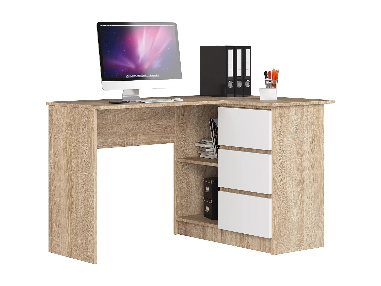 Biurko narożne AKORD B16 Dąb Sonoma 124 cm prawe 3 szuflady kolor Biały mat 2 półki 124x85x77 cm 1870703 - obrazek 1