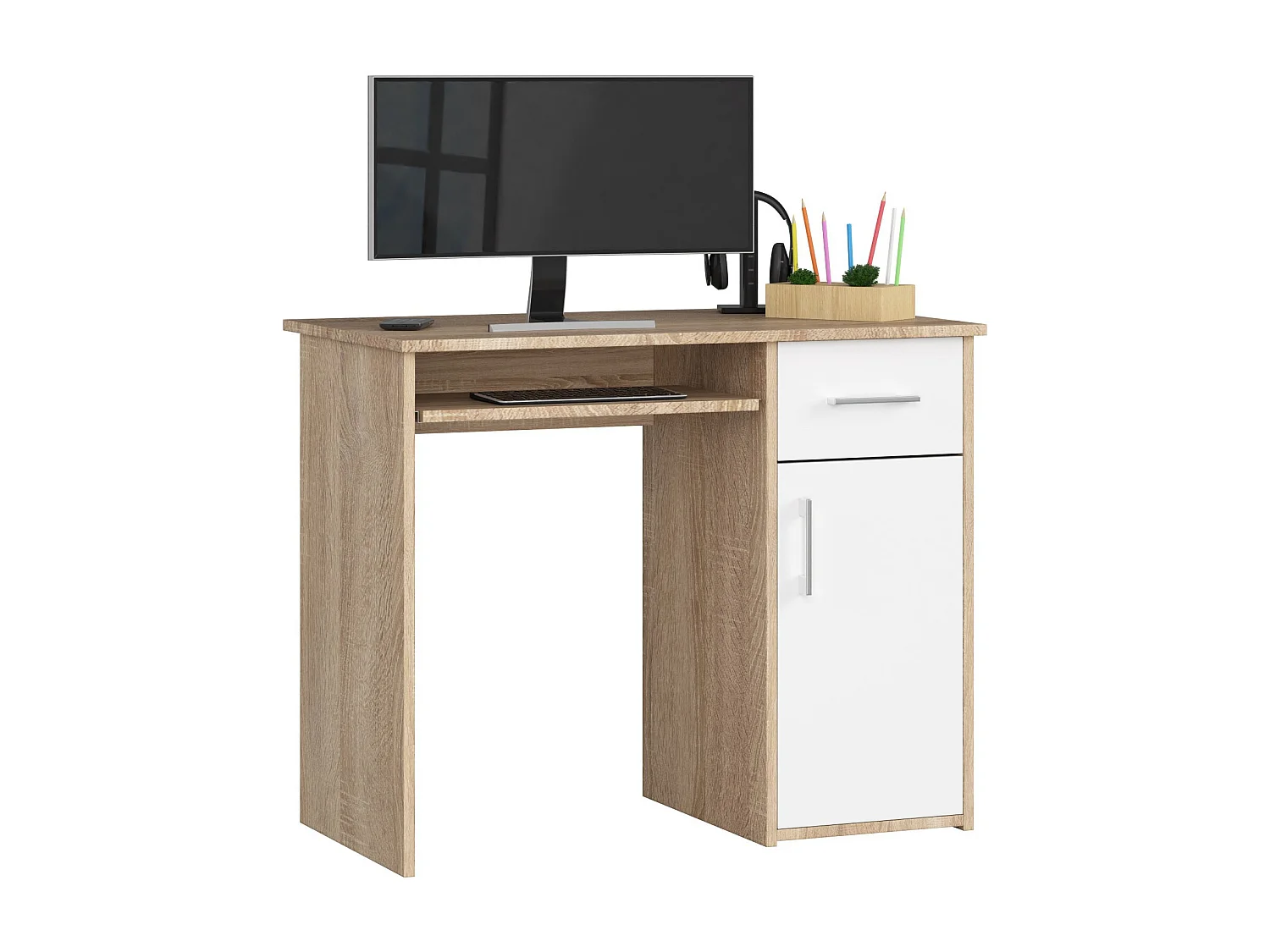 Biurko AKORD PIN Dąb Sonoma 90 cm biurko komputerowe 1 drzwi 1 szuflada kolor Biały mat 3 półki 90x50x74 cm 1870601
