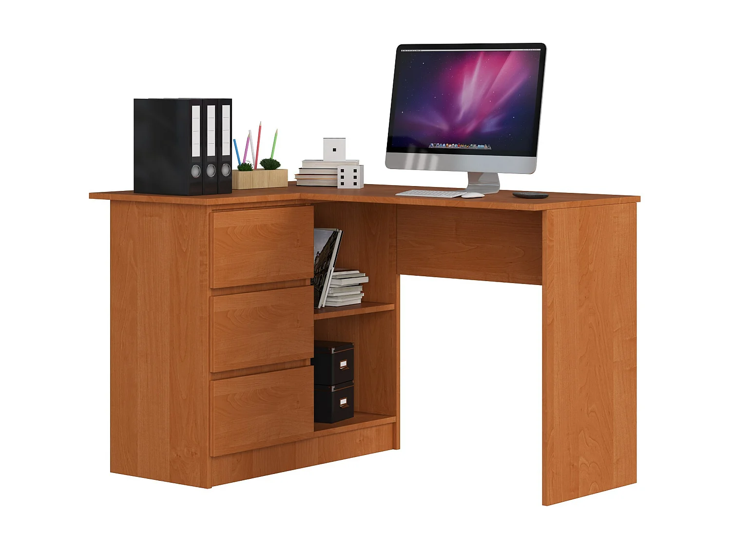 Biurko narożne AKORD B16 Olcha 124 cm lewe 3 szuflady kolor Olcha mat 2 półki 124x85x77 cm 1870653 - obrazek 1