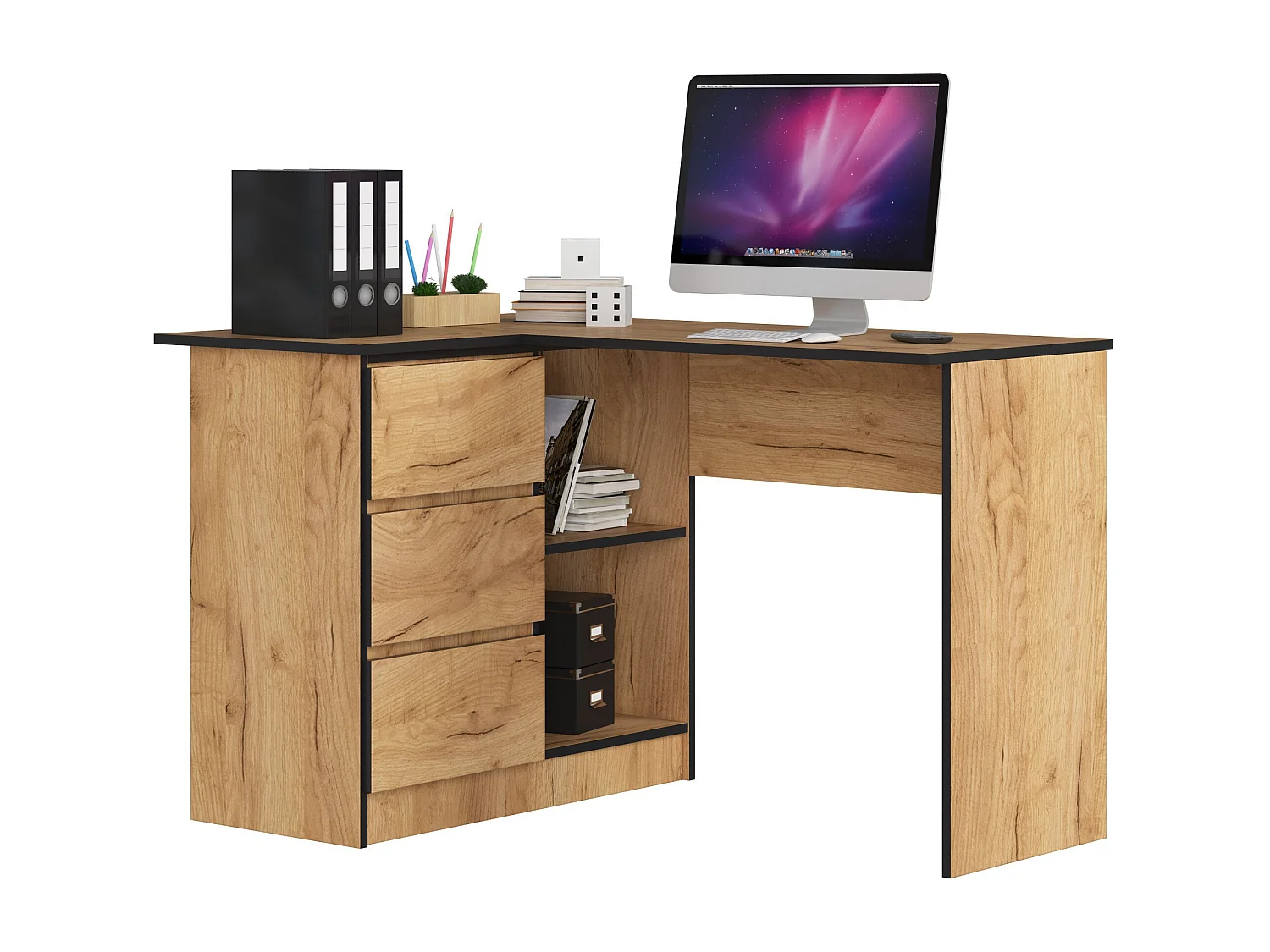 Biurko narożne AKORD B16 Dąb Craft 124 cm lewe 3 szuflady kolor Dąb Craft mat 2 półki 124x85x77 cm 1870867 - obrazek 1