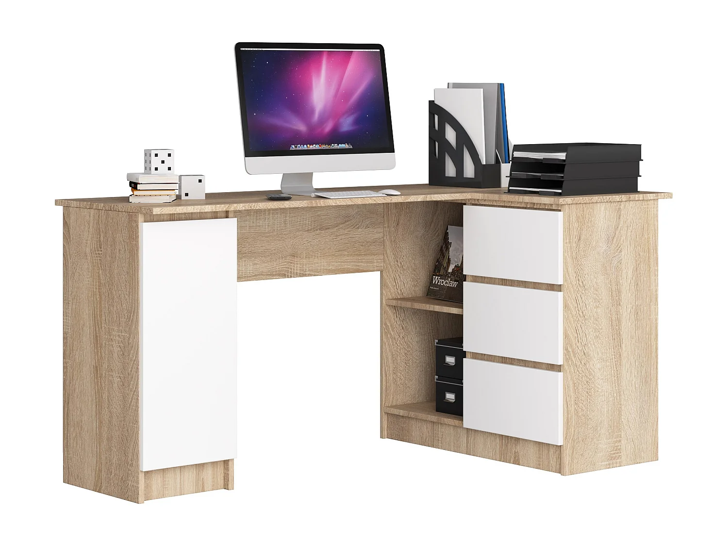 Biurko narożne AKORD B20 Dąb Sonoma 155 cm prawe 1 drzwi 3 szuflady kolor Biały mat 4 półki 155x85x77 cm 1870847 - obrazek 1