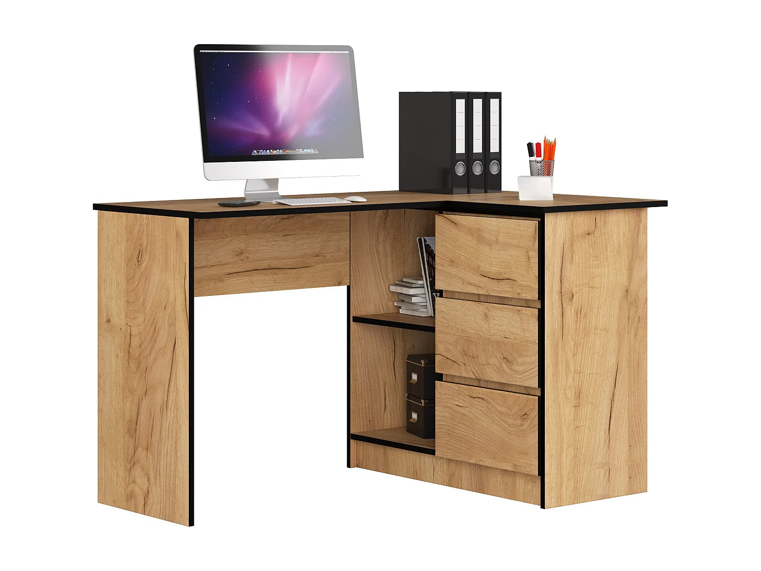 Biurko narożne AKORD B16 Dąb Craft 124 cm prawe 3 szuflady kolor Dąb Craft mat 2 półki 124x85x77 cm 1870985 - obrazek 1