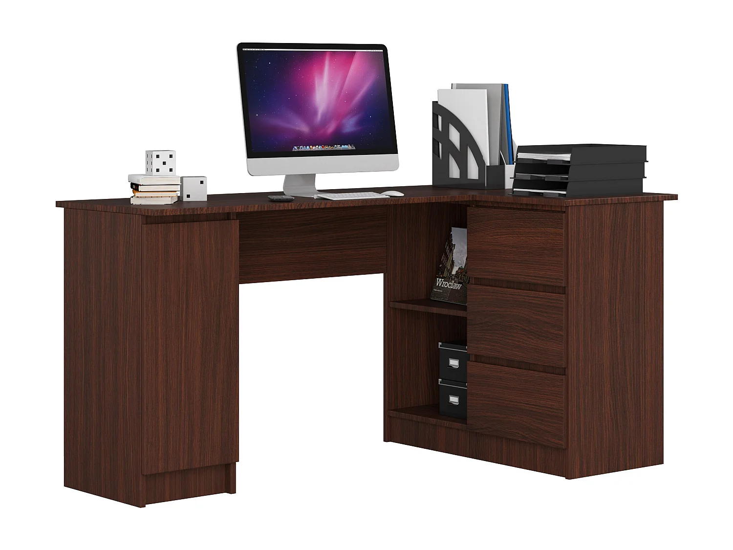 Biurko narożne AKORD B20 Wenge 155 cm prawe 1 drzwi 3 szuflady kolor Wenge mat 4 półki 155x85x77 cm 1870859 - obrazek 1