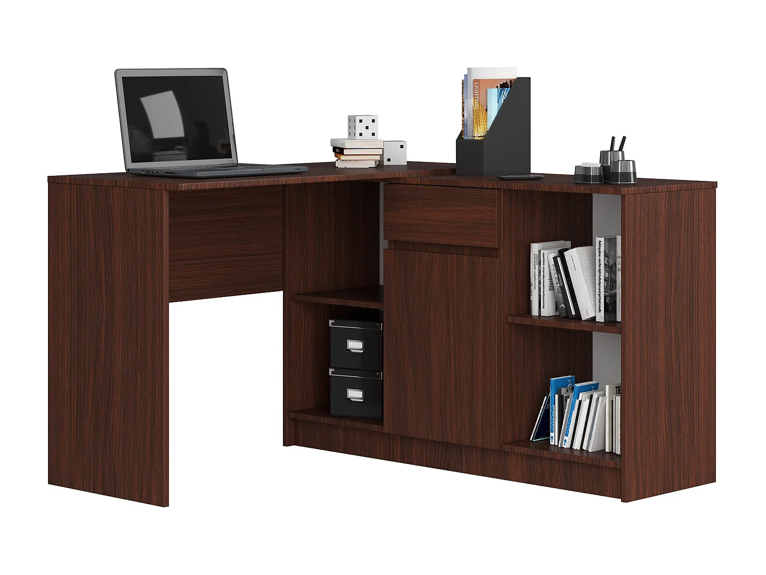 Biurko narożne AKORD B17 Wenge 120 cm Zestaw z komodą 1 drzwi 1 szuflada kolor Wenge mat 6 półek 120x126x79 cm 1871025 - obrazek 1