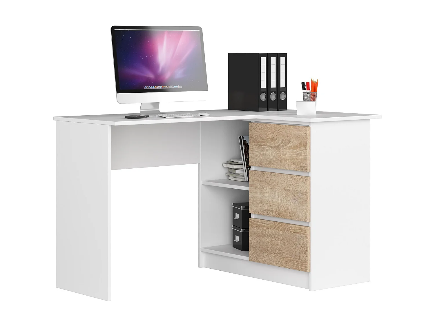Biurko narożne AKORD B16 Białe 124 cm prawe 3 szuflady kolor Dąb Sonoma mat 2 półki 124x85x77 cm 1871027 - obrazek 1