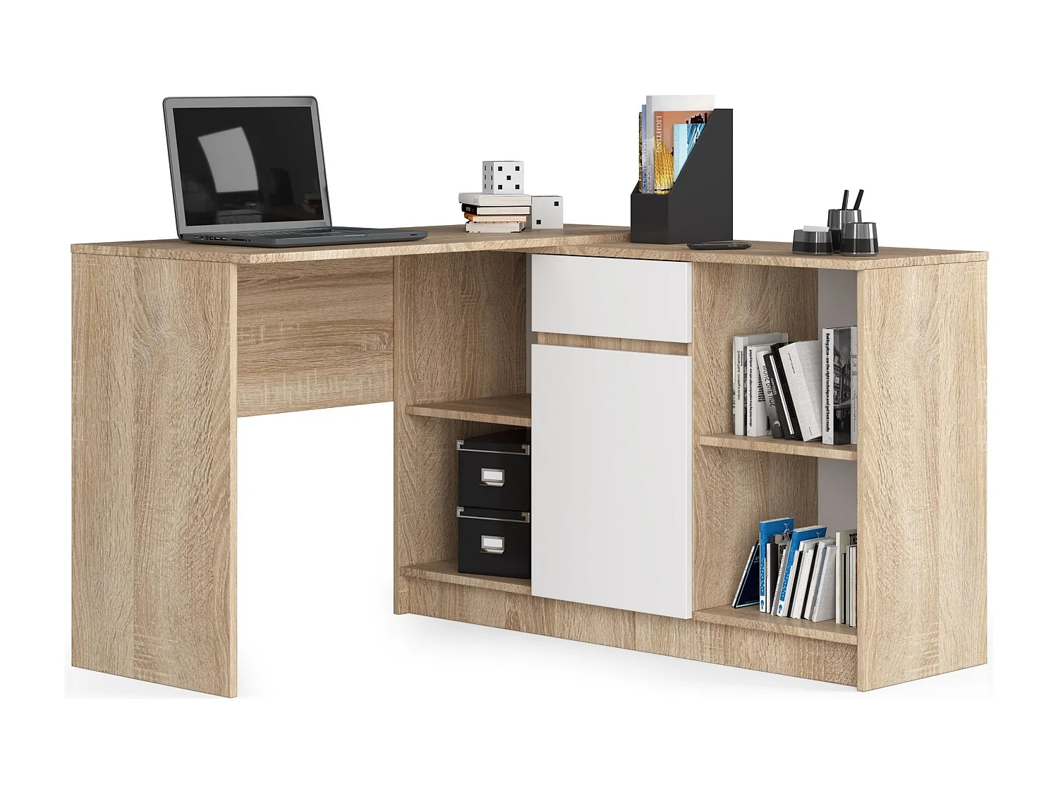 Biurko narożne AKORD B17 Dąb Sonoma 120 cm Zestaw z komodą 1 drzwi 1 szuflada kolor Biały mat 6 półek 120x126x79 cm 1871079 - obrazek 1