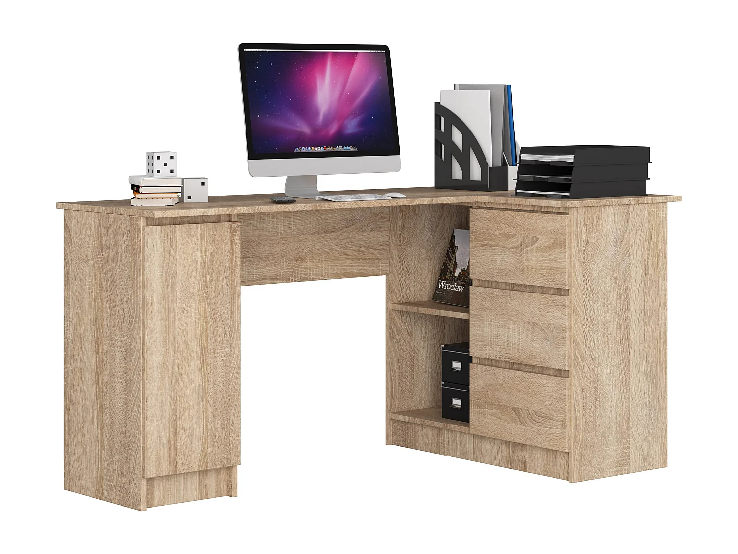 Biurko narożne AKORD B20 Dąb Sonoma 155 cm prawe 1 drzwi 3 szuflady kolor Dąb Sonoma mat 4 półki 155x85x77 cm 1870969 - obrazek 1