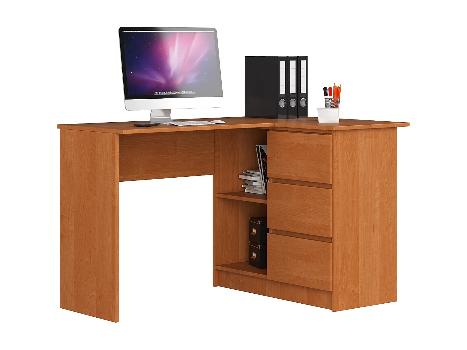 Biurko narożne AKORD B16 Olcha 124 cm prawe 3 szuflady kolor Olcha mat 2 półki 124x85x77 cm 1871171 - obrazek 1