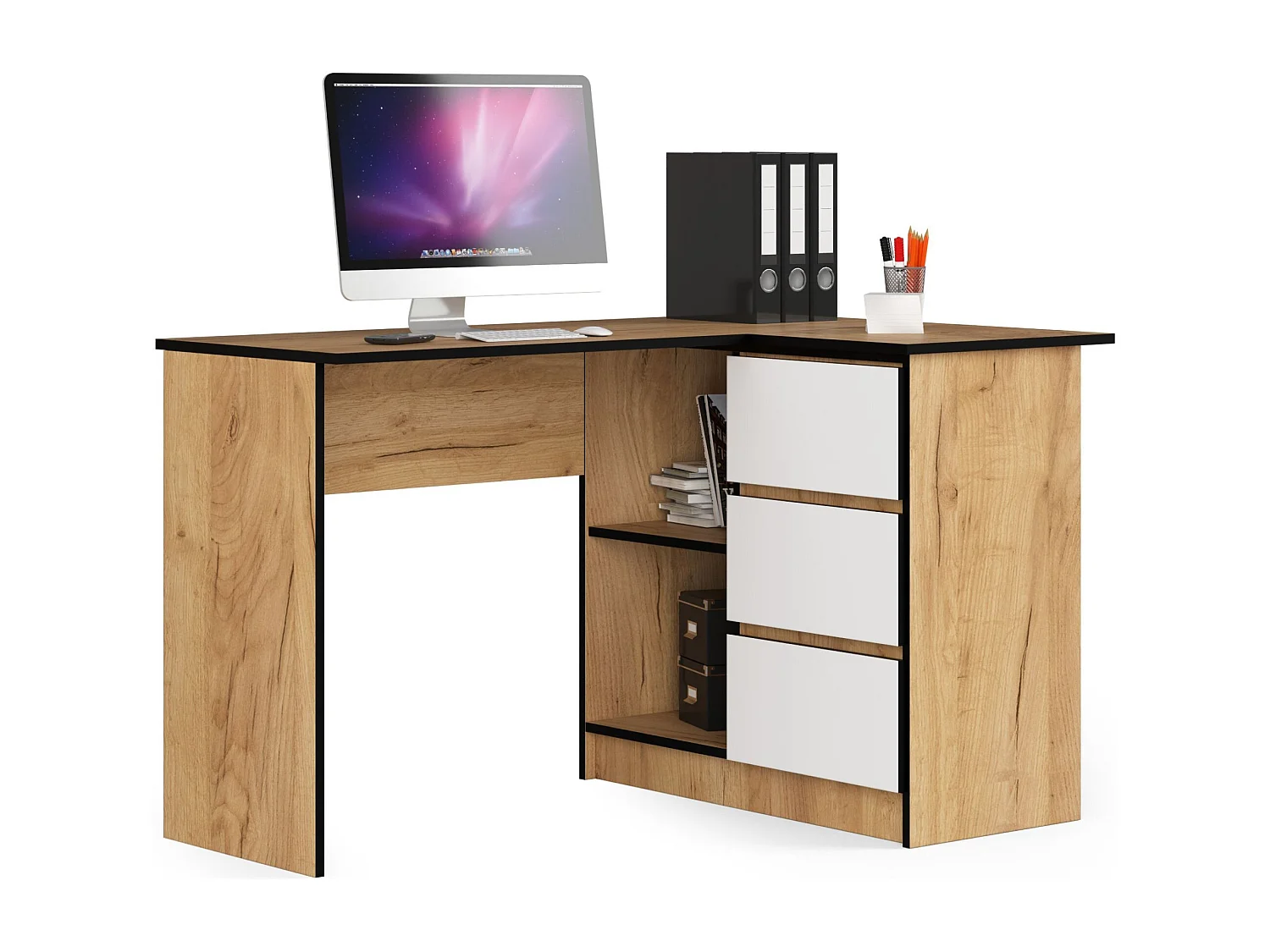 Biurko narożne AKORD B16 Dąb Craft 124 cm prawe 3 szuflady kolor Biały mat 2 półki 124x85x77 cm 1871083 - obrazek 1