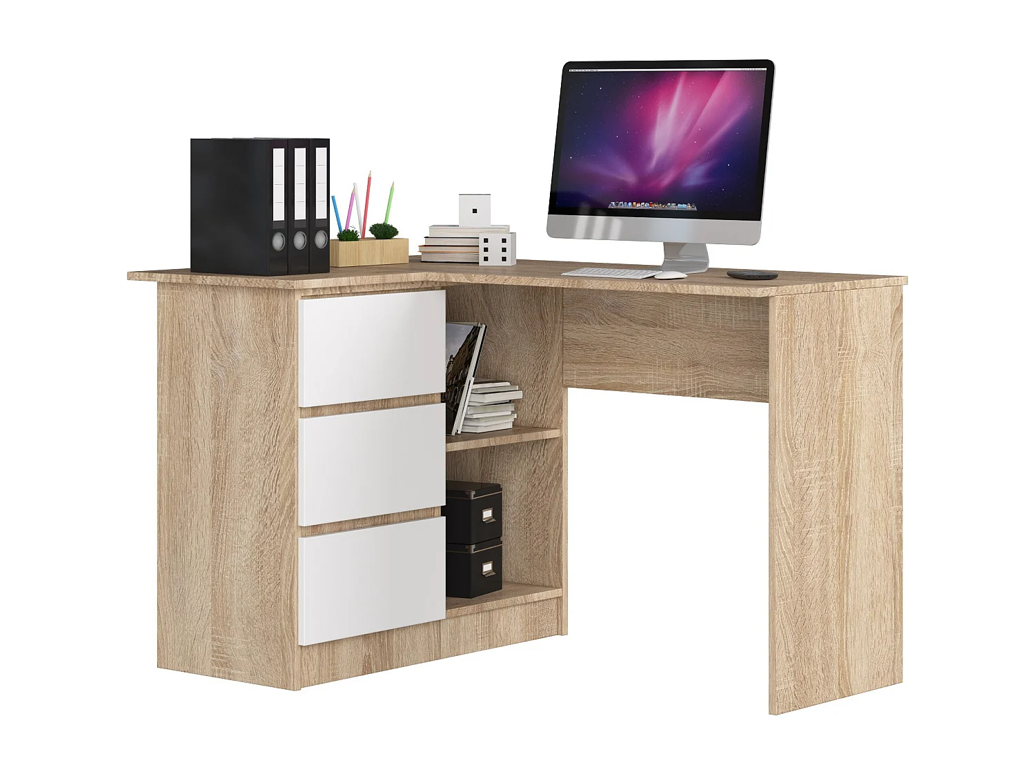 Biurko narożne AKORD B16 Dąb Sonoma 124 cm lewe 3 szuflady kolor Biały mat 2 półki 124x85x77 cm 1871109 - obrazek 1