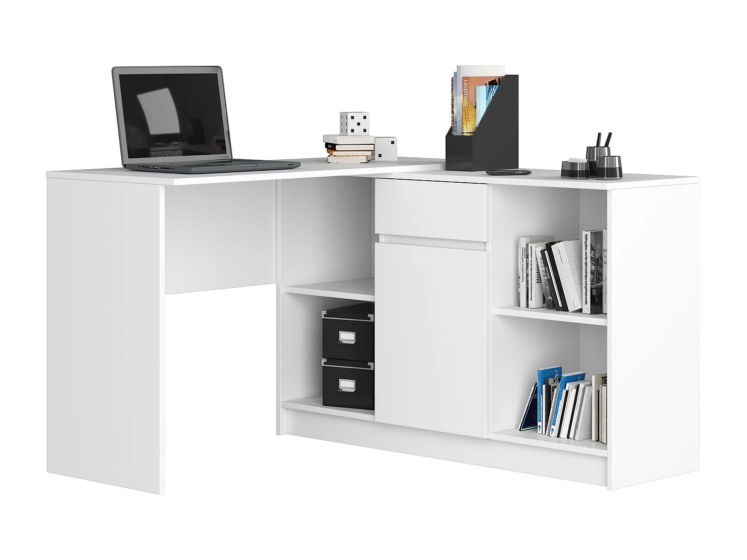 Biurko narożne AKORD B17 Białe 120 cm Zestaw z komodą 1 drzwi 1 szuflada kolor Biały mat 6 półek 120x126x79 cm 1871111 - obrazek 1