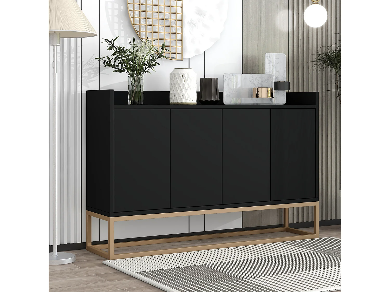 Bufet 4 Drzwi Czarny Matowy z MDF i Metalu 120x30x80 cm z Regulowanymi Półkami i Niewidocznymi Uchwytami 4923130