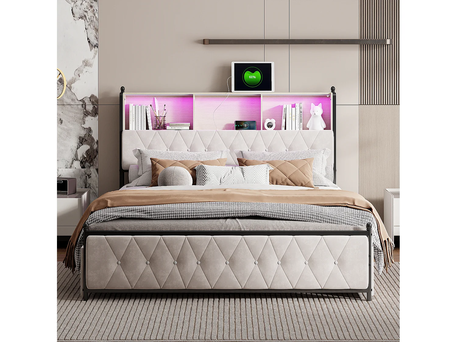 Łóżko 140×200 cm z muzycznym podświetleniem LED w zagłówku, 4 szuflady do przechowywania i porty USB, nowoczesny design w kolorze beżowym 4923159