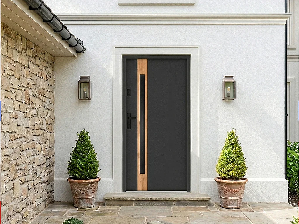 Drzwi wejściowe stalowe pełne i inox wys. 207 x szer. 100 cm – szkło dymione – antracyt i efekt dębu – grubość 55 mm – otwieranie prawostronne – BRAGA 4836301
