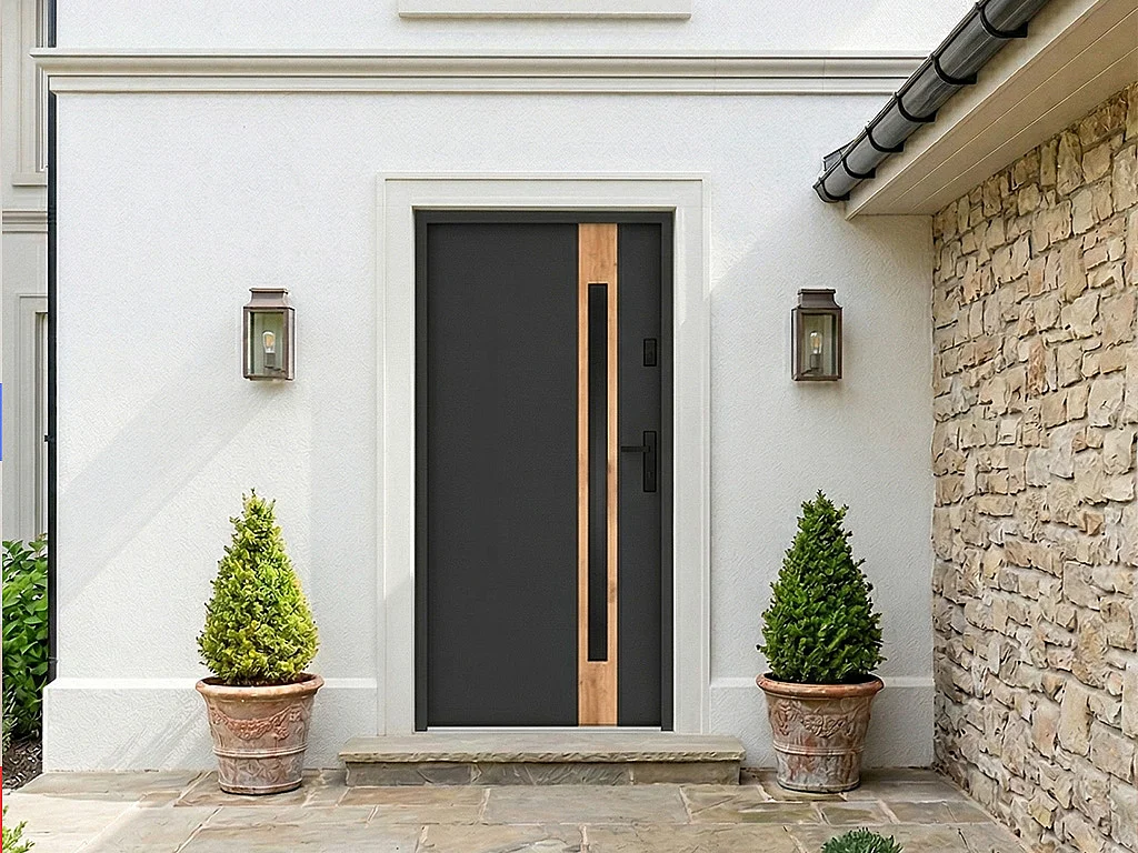 Drzwi wejściowe stalowe pełne i inox wys. 207 x szer. 100 cm – szkło dymione – antracyt i efekt dębu – grubość 55 mm – otwieranie lewostronne – BRAGA 4836302