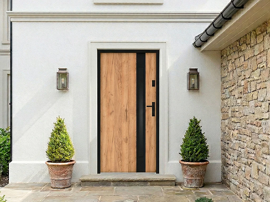 Drzwi wejściowe stalowe pełne i inox wys. 207 x szer. 100 cm – szkło dymione – efekt dębu i czerni – grubość 55 mm – otwieranie lewostronne – BRAGA 4839873