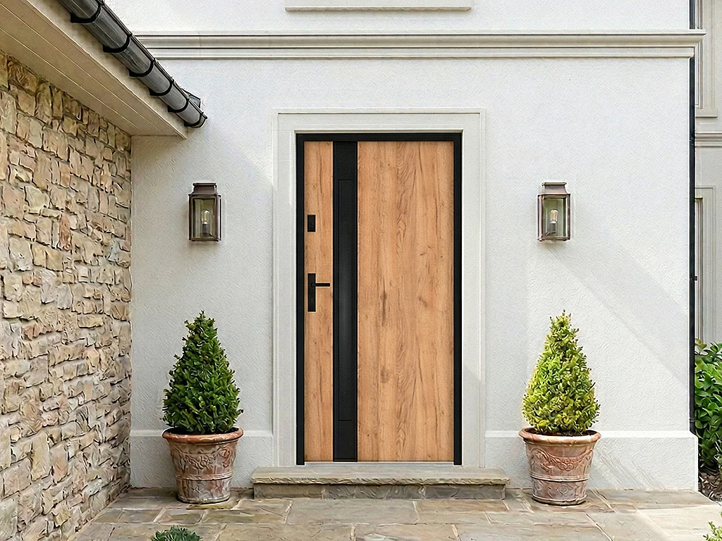 Drzwi wejściowe stalowe pełne i inox wys. 207 x szer. 100 cm – szkło dymione – efekt dębu i czerni – grubość 55 mm – otwieranie prawostronne – BRAGA 4839875