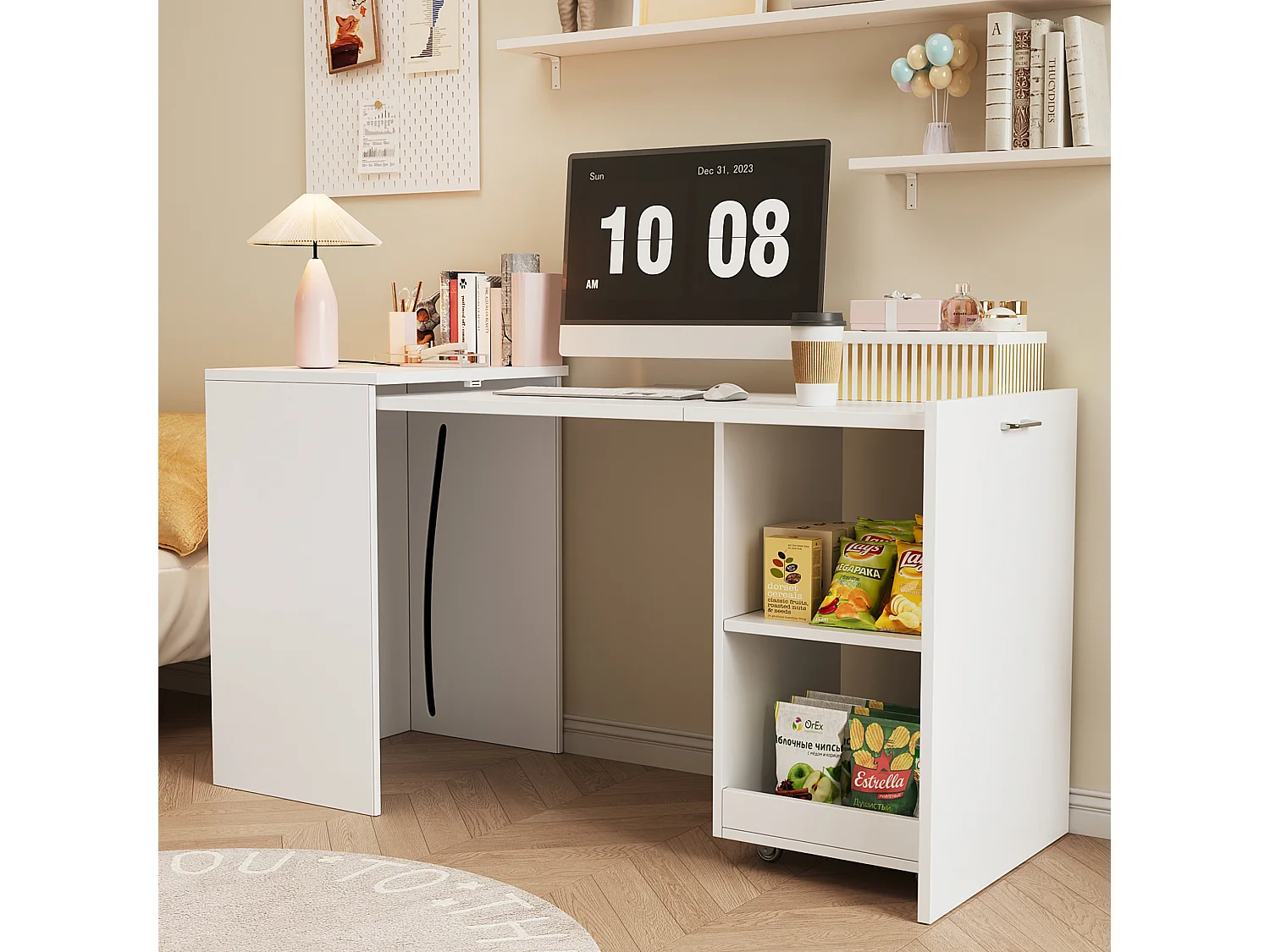 Biurko składane mobilne 126x55x72,5 cm – Biurko i miejsce do przechowywania – 2 przegródki do przechowywania – Płyta wiórowa – Biały 4923474