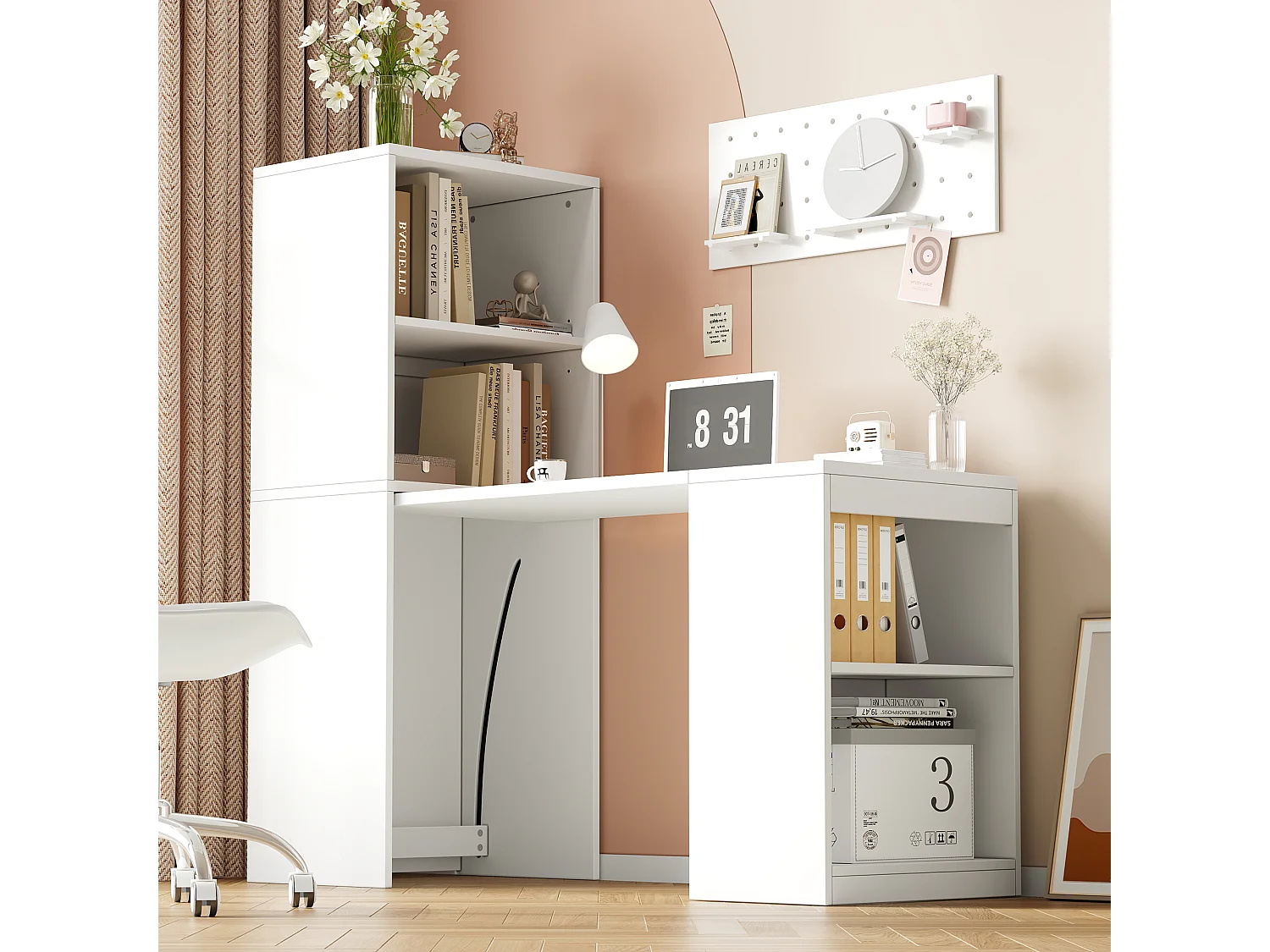 Biurko składane 130x51x137 cm – Solidne 2 w 1 biurko i biblioteczka – 4 przegródki do przechowywania – Płyta wiórowa – Biały 4923480
