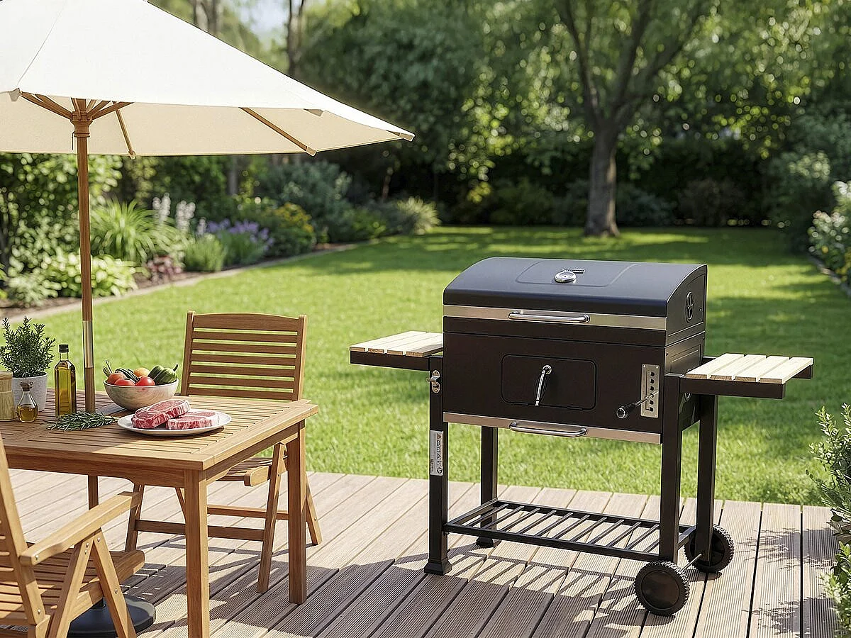 Grill węglowy „Marquis” z półkami bocznymi i regulowanymi rusztami – Czarny 4884190