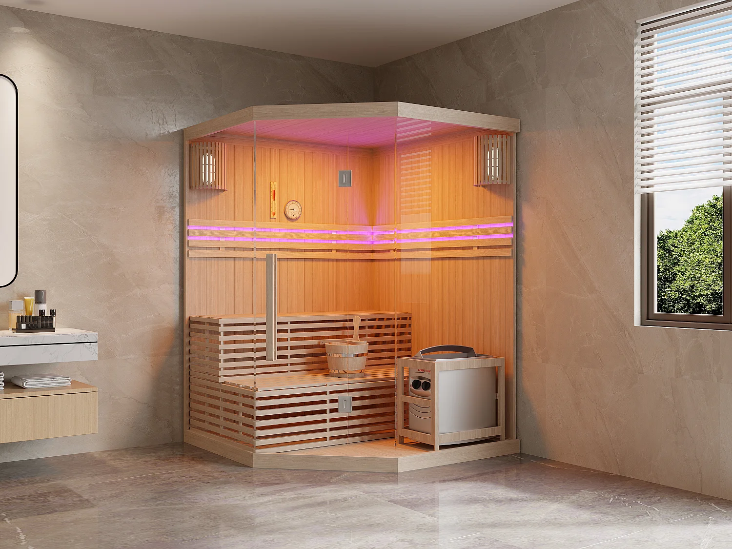 Narożna szklana sauna fińska przeszklona z oświetleniem i piecem 6KW – 3/4 osoby – S150 x G150 x W200 – KALSOY 4923556