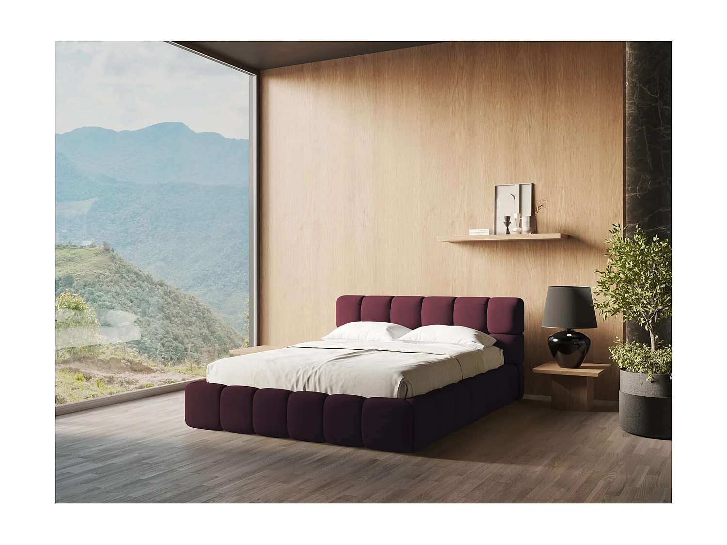 Łóżko 200 x 228 - z tkaniny szenilowej - bordo - ROMA 3716065 - obrazek 1