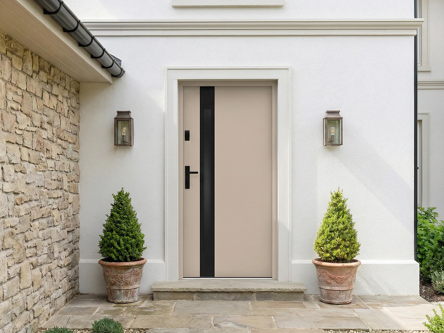 Drzwi wejściowe stalowe pełne i inox wys. 207 x szer. 100 cm – szkło dymione – beżowy i czarny – grubość 55 mm – otwierane w prawo – BRAGA 4839863