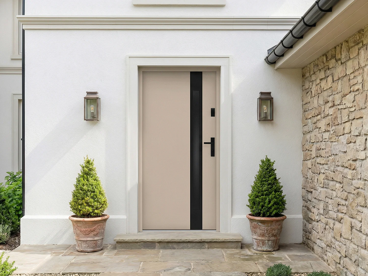Drzwi wejściowe stalowe pełne i inox wys. 207 x szer. 100 cm – szkło dymione – beżowy i czarny – grubość 55 mm – otwieranie lewostronne – BRAGA 4839876