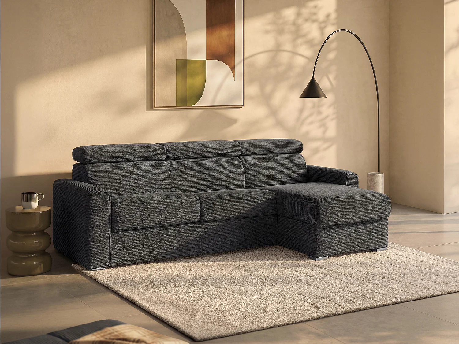 Kanapa narożna dwustronna rozkładana typu express z antracytowego sztruksu - Miejsce do spania z szerokimi listewkami 140 cm - Materac 18 cm - VIZIR 1650769 - obrazek 1