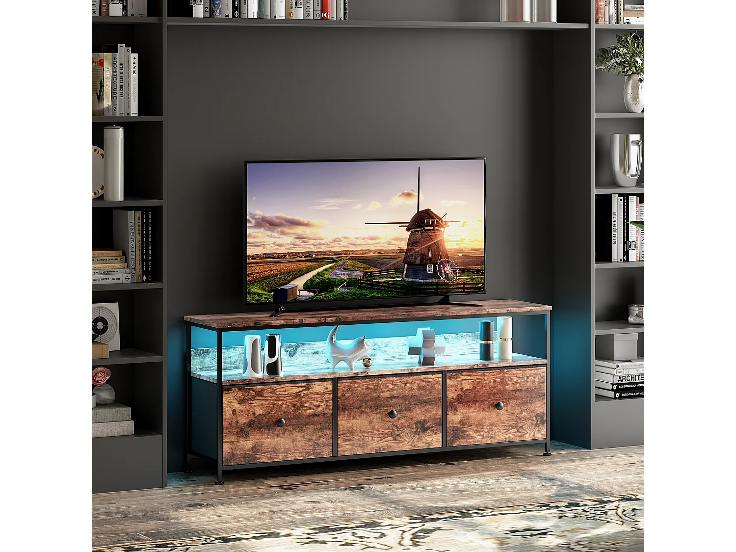 Ławka pod TV 108x30x57 cm Wielokolorowa z LED RGB, 3-4 szuflady z tkaniny PU, metalowa rama i drewniany panel, nowoczesne przechowywanie do salonu 4931478