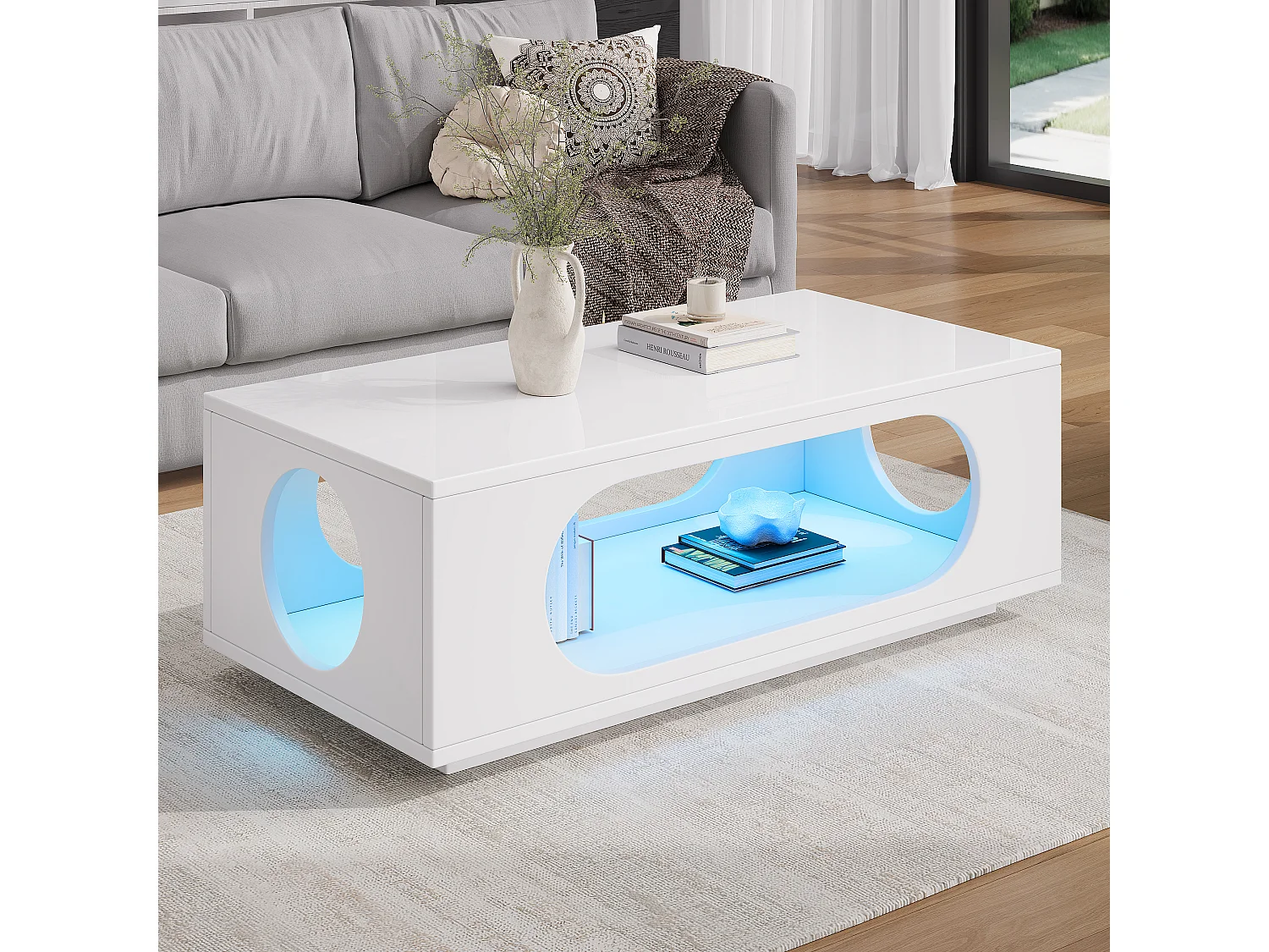 Błyszczący lakierowany stolik kawowy 100 x 50 x 35 cm – z oświetleniem LED – ażurowy design – MDF – biały 4932017