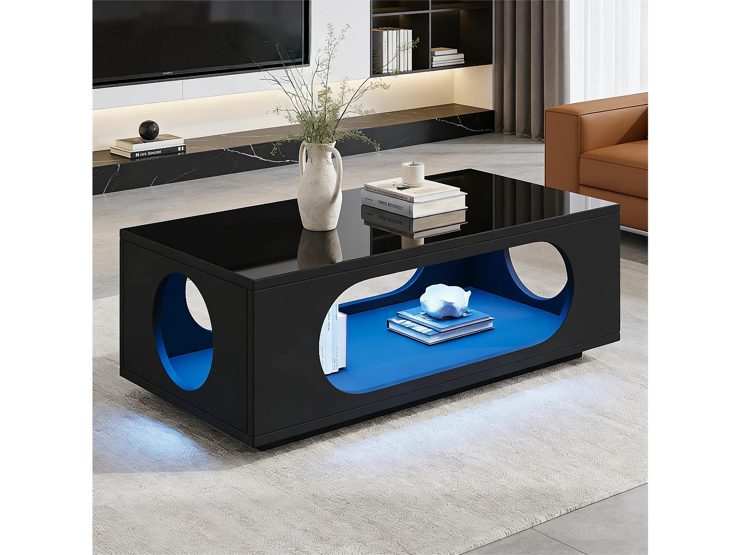 Błyszczący lakierowany stolik kawowy 100 x 50 x 35 cm – z oświetleniem LED – ażurowy design – MDF – czarny 4932026