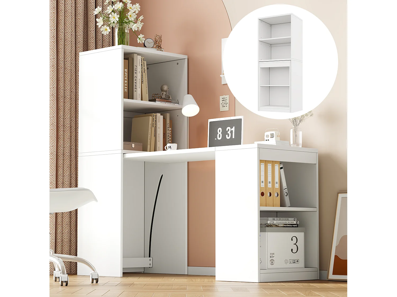 Biurko i szafka składane 2 w 1 – 130 x 51 x 137 cm – z 4 półkami – Płyta wiórowa – Kolor biały 4932038 - obrazek 1
