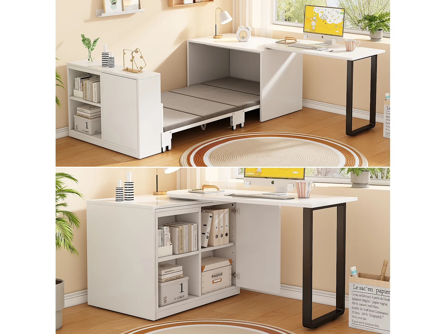 Biurko składane i łóżko 2 w 1 – 216 x 116 x 79 cm – z łóżkiem 90 x 188 cm + 2 półki – metal + płyta MDF – biały 4932043