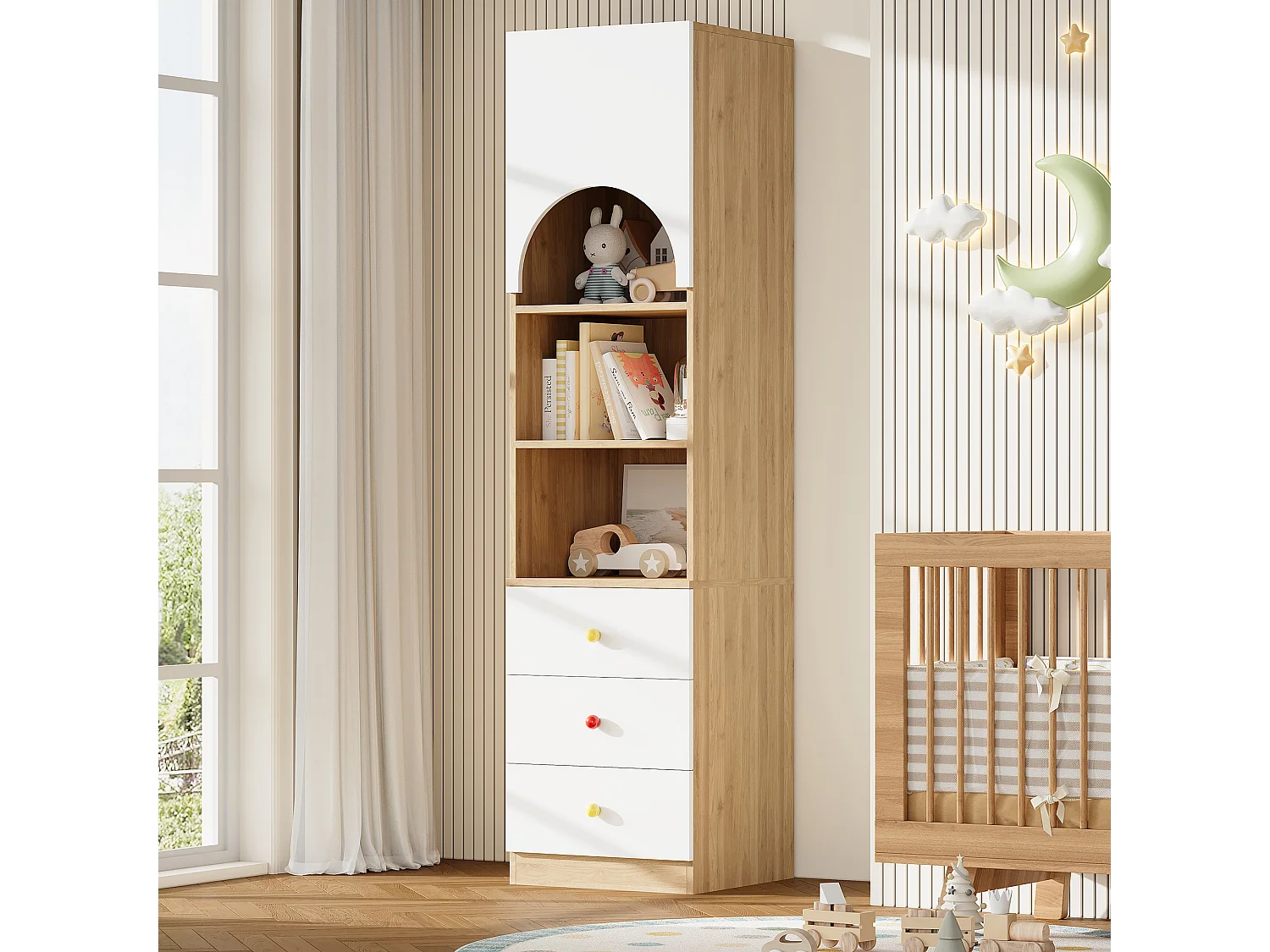 Biblioteczka/Szafa wielopoziomowa 50x50x200 cm – 3 szuflady i 1 drzwi łukowe – 3 półki – Ceramiczne uchwyty – Biały 4932066
