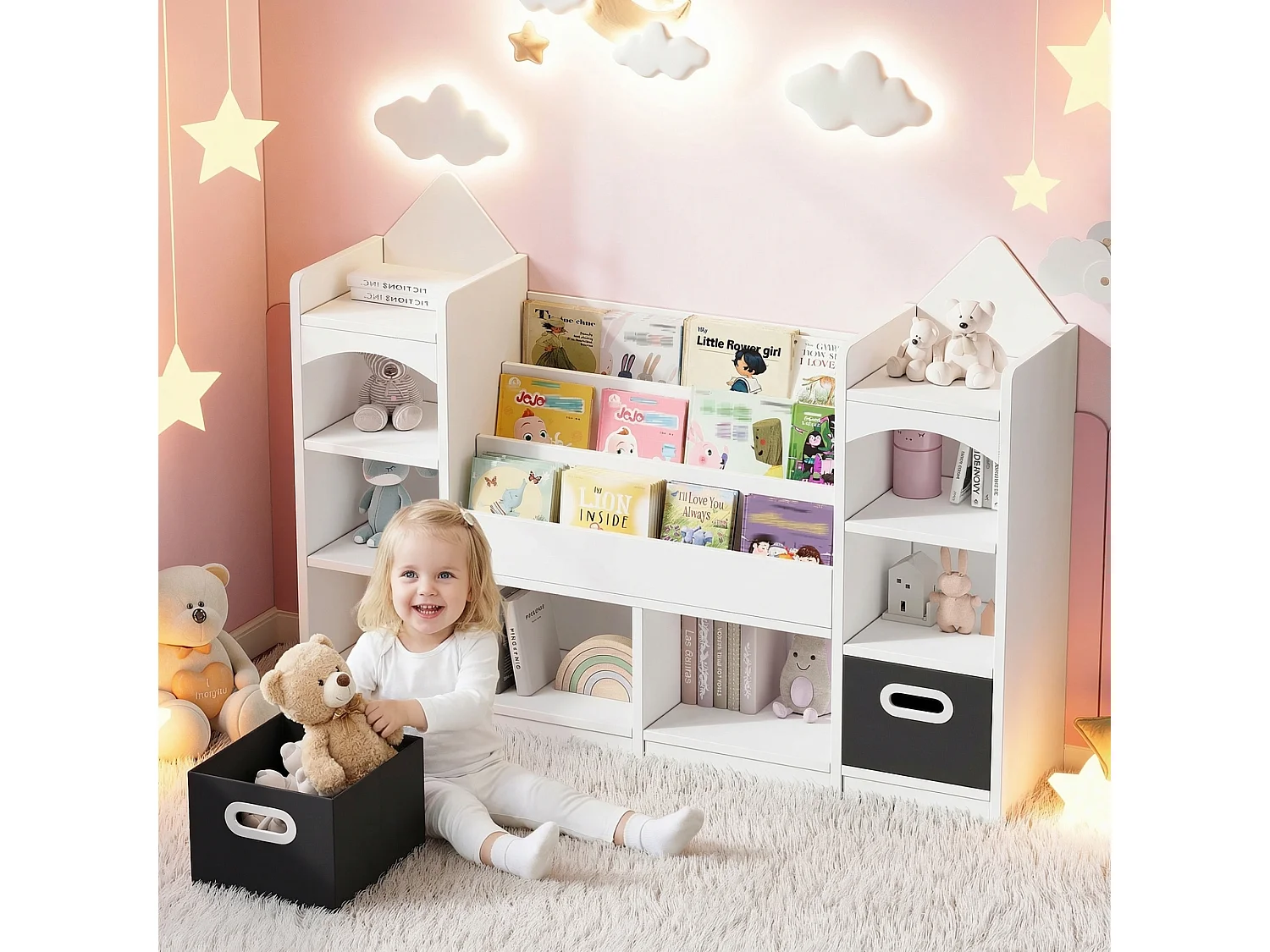 Biblioteczka / półka na książki dla dzieci -130x30x90 cm – Z 2 składanymi pudełkami do przechowywania – Wzór zamku – MDF – Biały 4932075