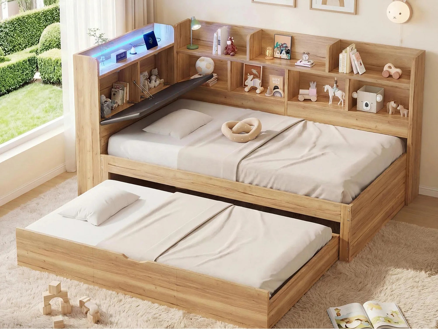 Kanapa rozkładana dziecięca 90x200cm - Z łóżkiem chowanym 90x190cm - Z oświetleniem LED i portem USB - Z półkami - Naturalny​ (bez materaca) 4932193 - obrazek 1