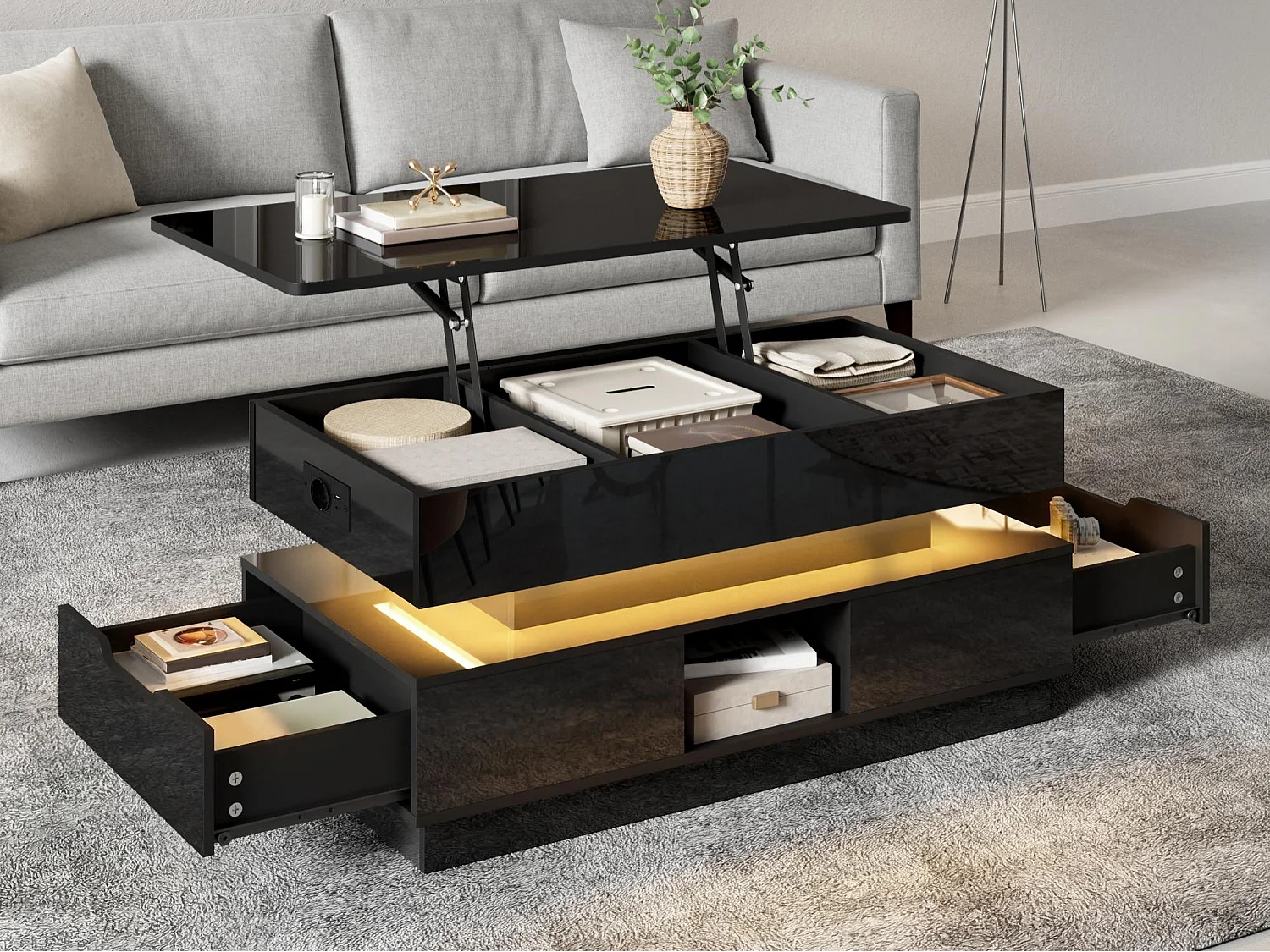 Błyszczący stolik kawowy 90x48x42,5 cm – Regulowany blat – 2 szuflady – Oświetlenie LED – MDF – Czarny 4932274