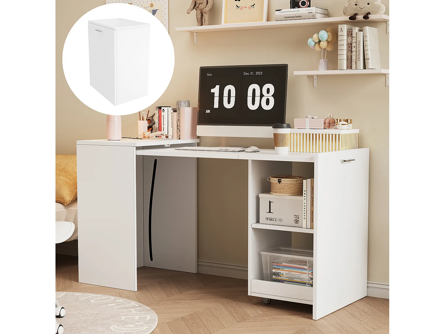 Biurko składane 2 w 1 – 126 x 55 x 75 cm – z półkami – płyta wiórowa – białe 4932291