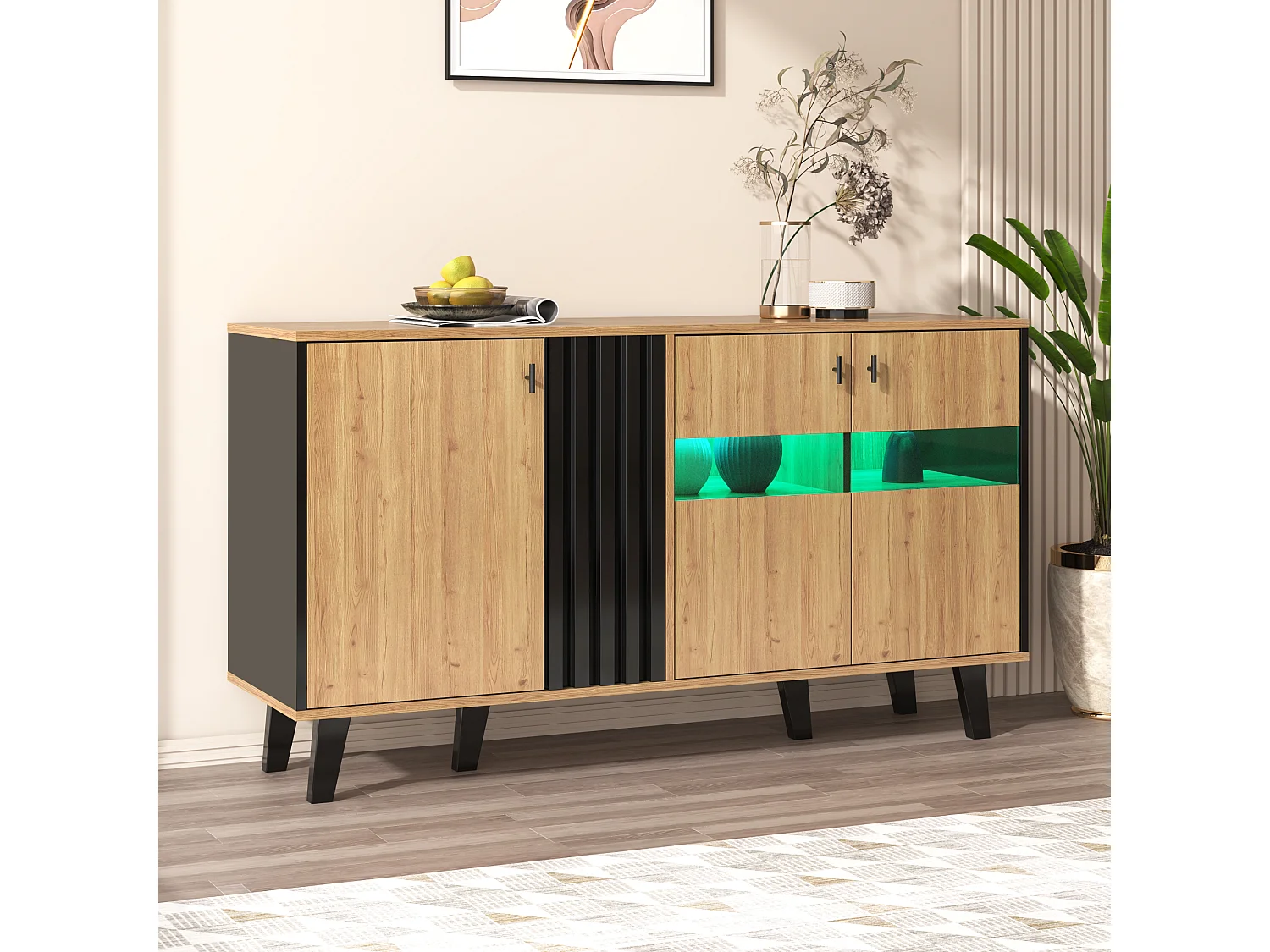 Bufet niski z LED – 3 drzwi i 6 komór – Naturalny i Czarny 1889025