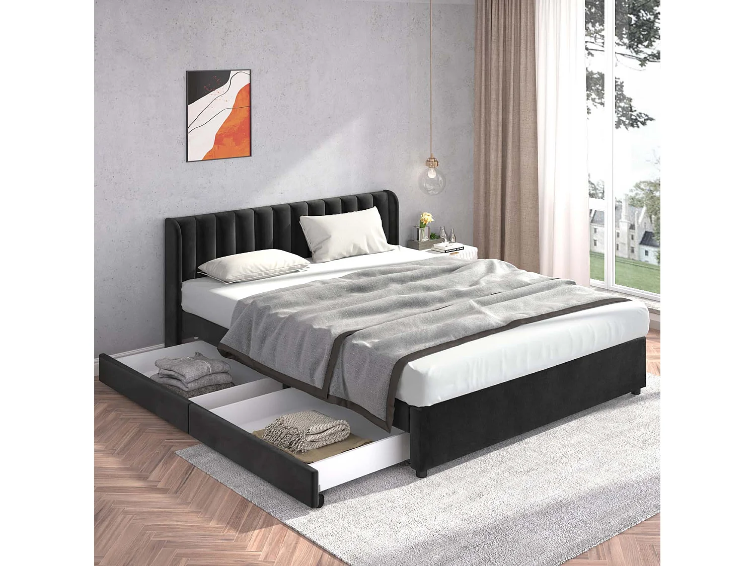Łóżko 180x200cm z 2 szufladami - tapicerowane welurem - styl nowoczesny - Czarny 1399253 - obrazek 1