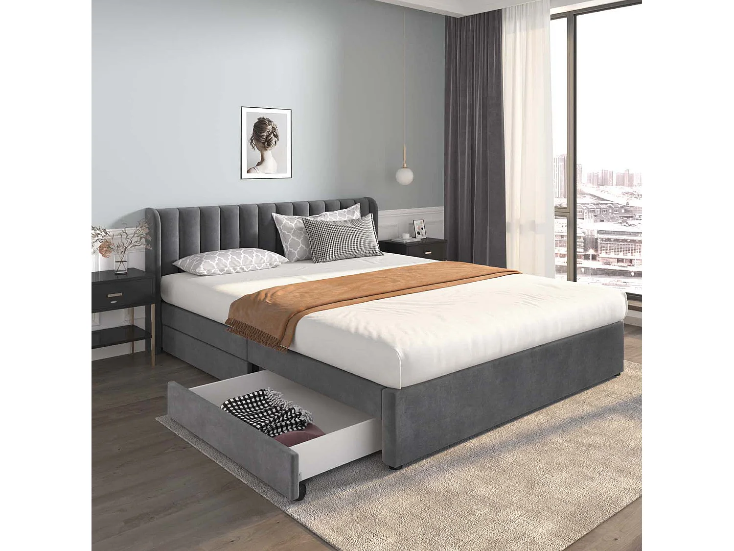 Łóżko 180x200cm z 2 szufladami - tapicerowane welurem - styl nowoczesny - Szare 1399267 - obrazek 1