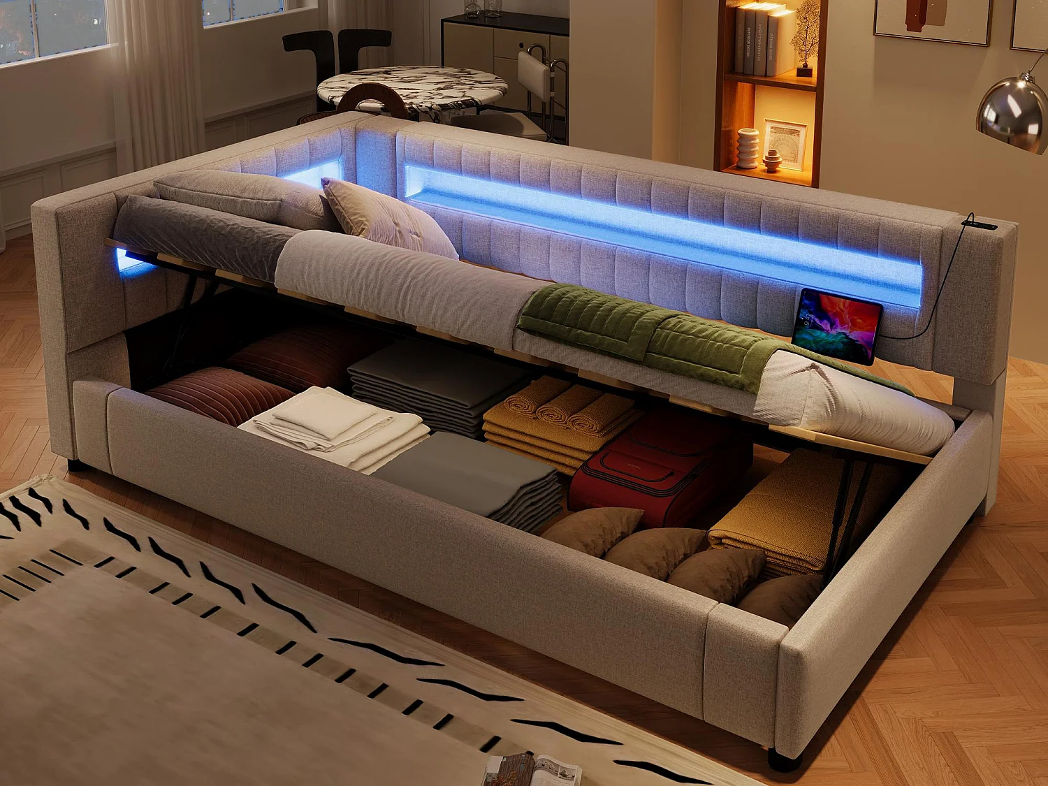 Kanapa rozkładana z pojemnikiem 90x200 cm - z taśmą LED - z portami USB + TYPE-C - len - beżowy (bez materaca) 4182130 - obrazek 1
