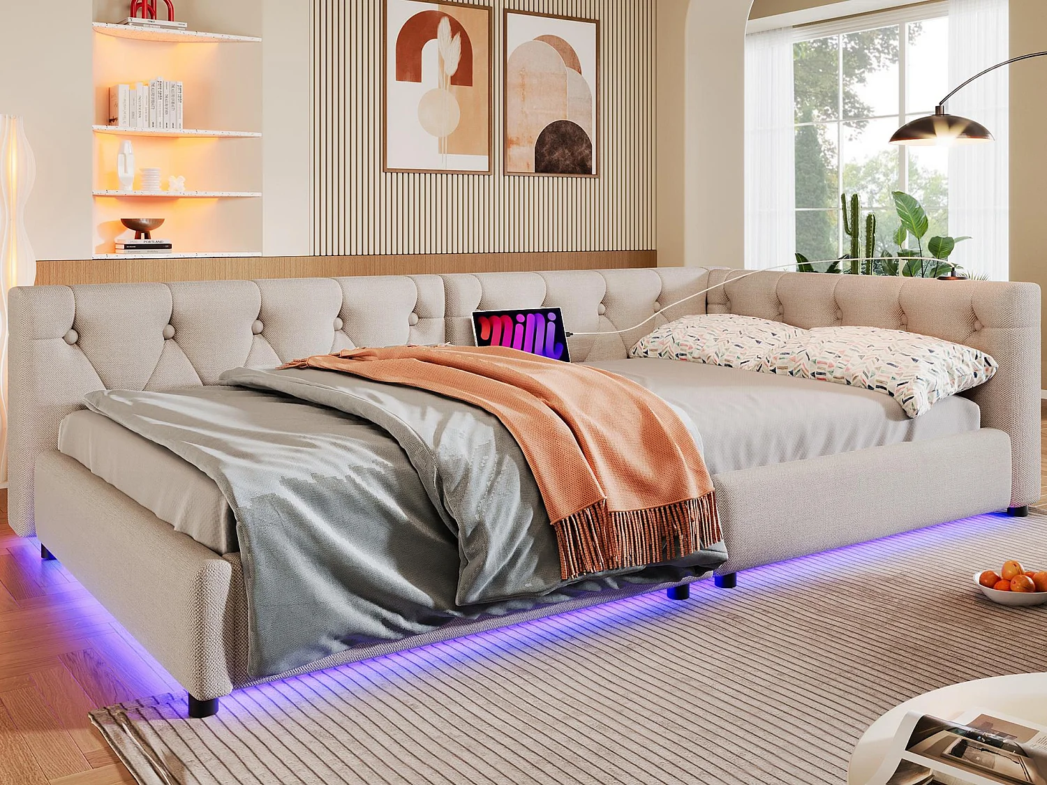 Leżanka lniana 90×200 cm – z diodami LED i portami ładowania – Beżowa 3879193