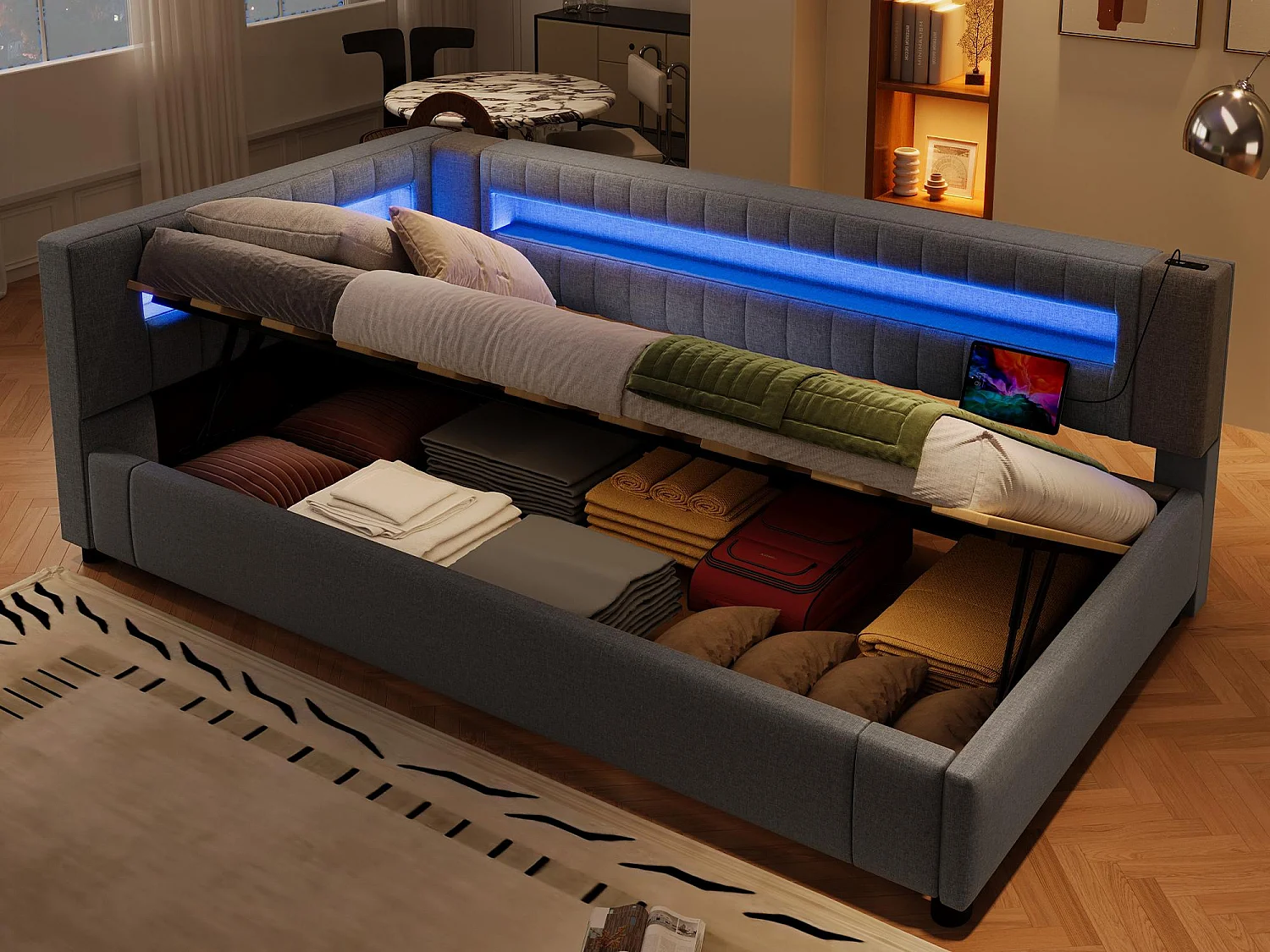 Kanapa rozkładana z pojemnikiem 90x200 cm - z taśmą LED - z portami USB + TYPE-C - len - szary (bez materaca) 4182135 - obrazek 1