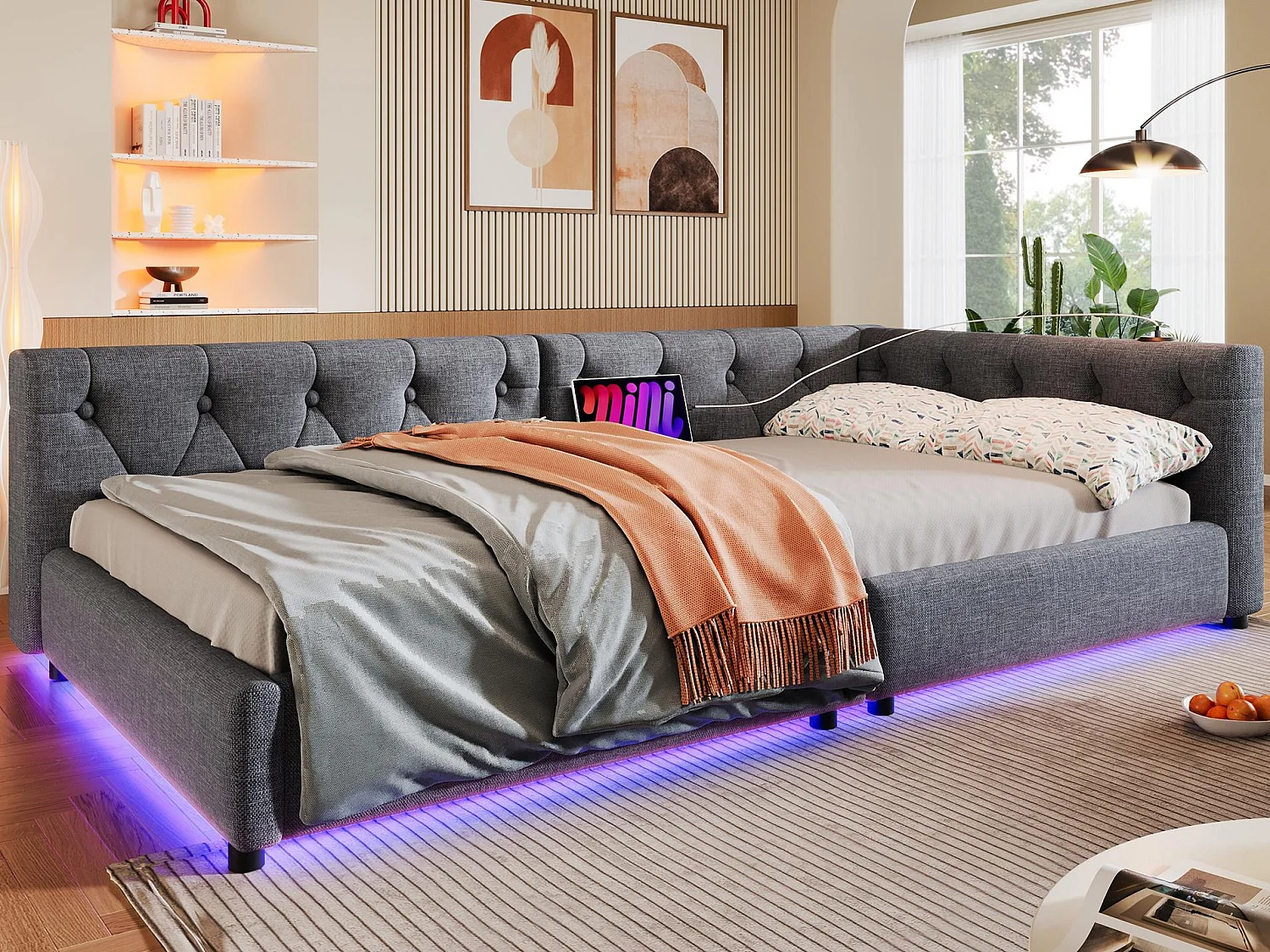 Leżanka lniana 90×200 cm – z diodami LED i portami ładowania – Szara 3879195