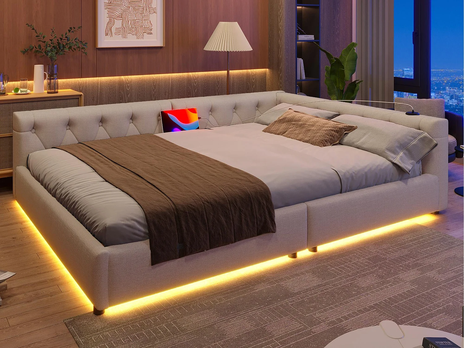 Leżanka lniana 140×200 cm – z diodami LED i portami ładowania – Beżowa 3879196